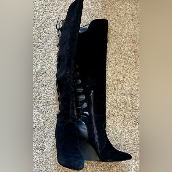 Statement Black Suede Over-the-Knee Lace-Up Wedge Boots | Size 10 - Picture 5 of 7